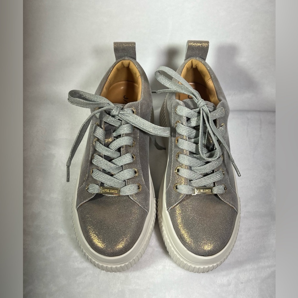 J/SLIDES Gray with Gold Metallic Finish Lace Up Shoes Leather Upper Size 6 - Picture 14 of 14